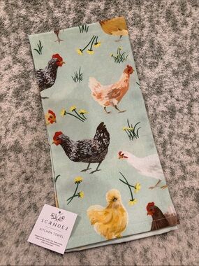 Pastel Mint Green Chickens & Flowers Kitchen Towel NWT Cotton 27”x 19”